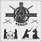 Kendo set. Kendo fighters in traditional clothes silhouette. Sport club emblems. Print design for t-shirt.