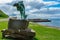 Kenn and the Salmon statue in Dunbeath, Scotland.