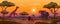 Kenya sunset. Africa plaine landscape, animal silhouettes in meadow, african safari prairie wildlife giraffe savannah