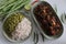 Kerala boiled brown rice meals with Long beans and boiled mung thoran served along with spicy chicken fry. Commonly known as Choru