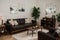 Kerala Indian Stylish interior design of living room with modern mint sofa, wooden console, cube, coffee table, lamp, plant, mock