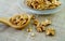 Kernel walnuts in a bowl and wooden spoon on sackcloth