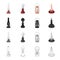 A kerosene lamp, an electric bulb, a portable flashlight, a light from a candle flame. Light source set collection icons