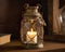 Kerosene oil lamp burning with soft light glow on aged wooden table. Old fashioned vintage kerosene oil lantern lamp.