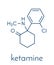 Ketamine anesthetic drug molecule. Used both medically and recreationally. Skeletal formula.