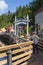 Ketchikan, AK / USA - Sept. 15, 2012: Vertical view of Creek Street a historic boardwalk perched on pilings along the banks of