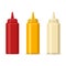 Ketchup mustard and mayonnaise bottles with spicy delicious sauce for fast food. White, red, yellow containers for