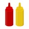 Ketchup, mustard sauce bottle, spicy condiment. Cartoon flat style. Vector
