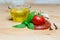 Ketchup tomato basil olive oil herbs garlic board black pepper ingredients