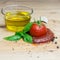 Ketchup tomato basil olive oil herbs garlic board black pepper ingredients square