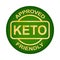 Keto approved friendly stamp. Ketogenic diet. Love keto. Gold round frame. Plant based vegan food product label. Logo or icon.