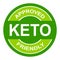 Keto approved friendly stamp. Ketogenic diet. Love keto. Green round frame. Plant based vegan food product label. Logo or icon.