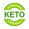 Keto approved friendly stamp. Ketogenic diet. Love keto. Green round frame. Plant based vegan food product label. Logo or icon.