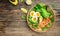 Keto bowl salmon salad with greens, eggs and avocado. Ketogenic diet breakfast lunch. Long banner format. top view