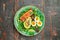 Keto bowl salmon salad with greens, eggs and avocado. Ketogenic diet breakfast lunch. Top view