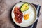 Keto breakfast - fried egg, avocado and fried bacon in white plate, top view. Keto diet concept