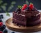 Keto chocolate cake with berries - blurred background photography