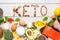 Keto diet concept. Ketogenic diet food. Balanced low-carb food background. Vegetables, fish, meat, cheese, nuts