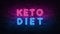 Keto diet concept. Purple and Blue Neon SIGNBOARD on a dark brick wall. 3D ILLUSTRATION