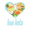 Keto food and products heart. Coconut, broccoli, avocado, salmon and shrimp, almond and olive. Vegetables and nuts with