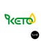 Keto logo. Ketogenic diet product symbol. Line style Keto word with green leaf and yellow oil fats.