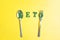 Ketogenic diet concept. Flat lay composition of keto word text in plate with eating utensils spoon and fork in bright yellow