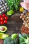 Ketogenic diet concept. A set of products of the low carb keto diet. Green vegetables, nuts, chicken fillet, flax seeds, quail egg