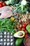 Ketogenic diet concept. A set of products of the low carb keto diet. Green vegetables, nuts, chicken fillet, flax seeds, quail egg