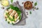 Ketogenic diet food, chicken fillet, quail eggs, avocado, spinach, walnut. healthy meal concept on a light background, banner,