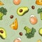 Ketogenic diet seamless pattern with egg, cheese, broccoli, avocado in hand drawn doodle style. Low carb dieting. Paleo nutrition