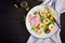 Ketogenic/paleo diet. Boiled eggs, ham, avocado and fresh salad.