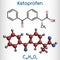 Ketoprofen molecule. It is a propionic acid derivative, nonsteroidal anti-inflammatory drug NSAID. Structural chemical formula,