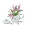 Kettle with a bouquet of wildflowers daisies, fireweed, oregano. Healthy herbal tea