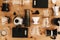 Kettle, scales, geyser, grinder, aeropress, pour over, glass flask top view. Alternative coffee brewing method set, flat lay.