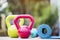 Kettlebell, dumbbell and yoga mat