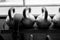 Kettlebells in a rack at the gym. Free weights close up.
