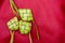Ketupat Pouches on a red background. Ketupat is a type of dumpling made from rice packed inside a diamond-shaped container of