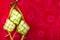 Ketupat Pouches on a red patterned background.