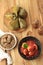 Ketupat, Rendang, and Telur Balado, TOp View on Wooden Table