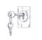 Key inside keyhole unlocking apartment door. Outlined engraved drawing of item in hole opening room drawn in retro style