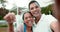 Key, selfie and couple excited, home and real estate with happiness, homeowner and relationship goals. Face, man and