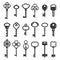 Key silhouettes modern and vintage ornamental icons set. Tools opening, closing locks.