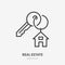 Key with trinket house on ring flat line icon. Vector thin sign of trinket, condo rent logo. Real estate illustration