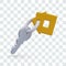 Key with yellow tag in shape of residential building. Turnkey construction symbol