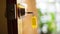 Key with yellow tag on the wooden door