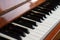 The keyboard of a brown upright piano on a blurred background.