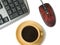 Keyboard, mouse, coffee cup