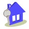 keychain in the shape of house is connected to gray metal key. concept of buying, selling, renting Real Estate. Vector top