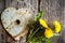 Keyhole - rusty heart and yellow dandelions on old wood backgro