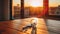 Keys on a modern table in a new apartment, bathed in sunset\\\'s warm light through expansive windows